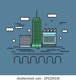 City architecture vector illustration. Urban landscape with skyscraper, building and river. Line style design. 