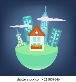 City around small house on a globe