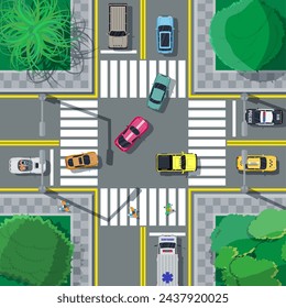 City asphalt crossroad with marking, walkways. Roundabout road junction. Traffic regulations. Rules of the road. Vector illustration in flat style