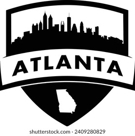 City of Atlanta Georgia black and white shield style city buildings silhouette shield graphic with knockout white outline of the state border shape under name. Vector eps design. 
