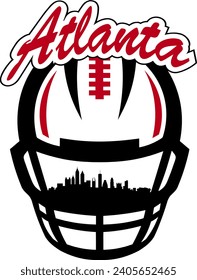 City of Atlanta Georgia downtown buildings skyline silhouette inside face mask of football helmet with laces and script lettering above. Vector eps graphic design.