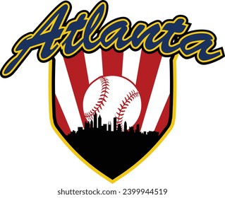 City of Atlanta Georgia skyline silhouette baseball icon with ball inside home plate shaped shield and script lettering above. Vector eps graphic design.