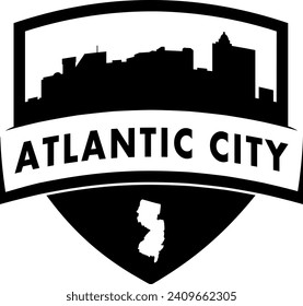 City of Atlantic City New Jersey black and white shield style city buildings silhouette shield graphic with knockout white outline of the state border shape under name. Vector eps design. 