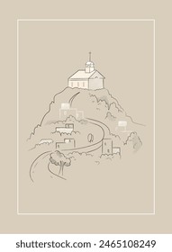 City atmospheric concept in flat cartoon design. The illustration depicts a landscape of a small town with a church in the center, made in a minimalist modern style. Vector illustration.