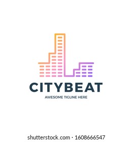 City Audio Sound Wave logo template stock vector design. Line abstract music technology logotype. Digital element emblem, graphic signal waveform, curve, volume and equalizer. Vector illustration