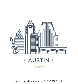 City Austin, state of Texas. Line icon of famous and largest city of USA. Outline icon for web, mobile and infographics. Landmarks and famous building. Vector illustration, white isolated. 