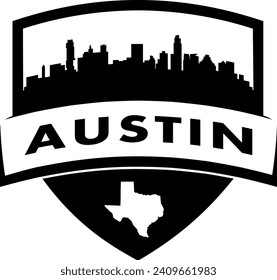 Ciudad de Austin Texas estilo escudo blanco y negro de edificios de la ciudad silueta escudo gráfico con contorno blanco knockout de la forma de frontera estatal bajo nombre. Diseño de vectores. 