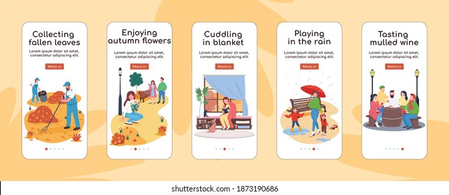 City autumn onboarding mobile app screen flat vector template. Taste mulled wine. Play in rain. Walkthrough website steps with characters. UX, UI, GUI smartphone cartoon interface, case prints set