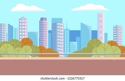 City autumn park with empty road. Beautiful landscape on background with many skyscrapers. Modern downtown, business center. Green trees in summer, warm weather in town. Vector illustration in flat