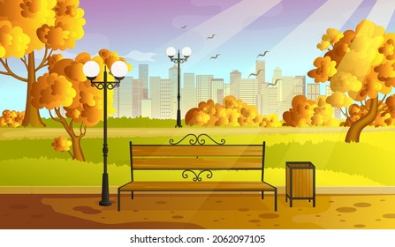 City autumn park with orange trees bench, walkway and lantern. Town and city park landscape nature.