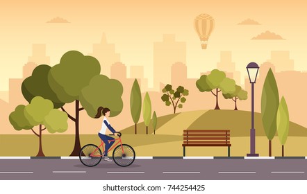 City autumn park vector background with sport woman bike