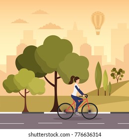 City autumn park vector background with sport woman bike