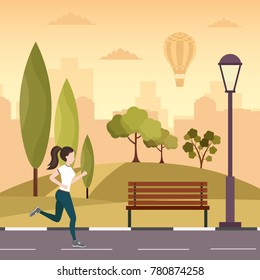 City autumn park vector background with sport woman running