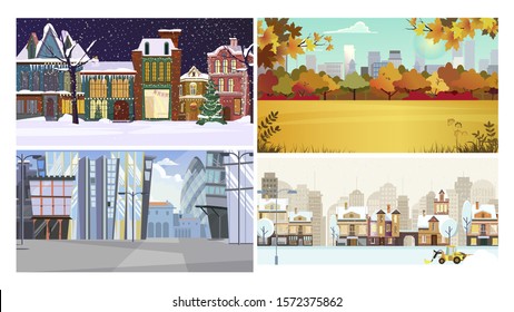 City in autumn and in winter flat vector illustration set. Buildings, tower blocks, park, tractor. City and nature concept