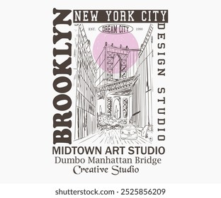 Estampado de espalda de ciudad para camiseta. Puente de Brooklyn vista de la calle. Diseño de impresión de camiseta de estudio de diseño de Nueva York, diseño de impresión de croquis a mano de vista de puente de Manhattan de Dumbo.