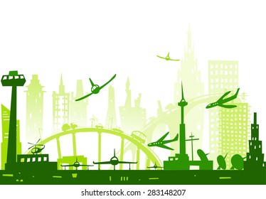 City background with airplanes going to land