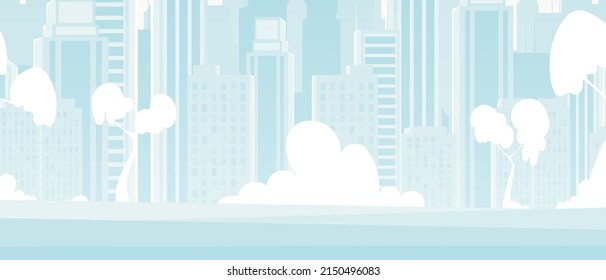 City background in blue tones. Wide poster with space for your design. Vector illustration in cartoon style.