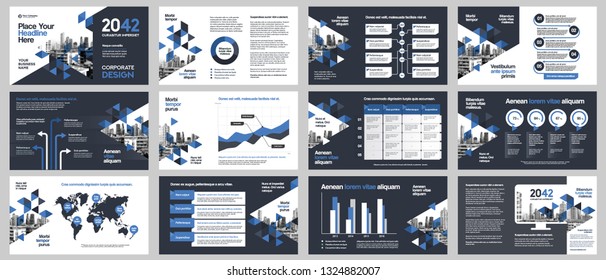 City Background Business Company Presentation with Infographics. Corporate Design Media Layout, Book Cover, Flyer, Brochure, Annual Report for Advertising and 