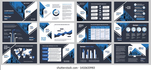 City Background Business Company Presentation with Infographics. Corporate Design Media Layout, Book Cover, Flyer, Brochure, Annual Report for Advertising and 