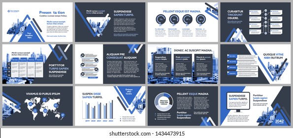 City Background Business Company Presentation with Infographics. Corporate Design Media Layout, Book Cover, Flyer, Brochure, Annual Report for Advertising and 