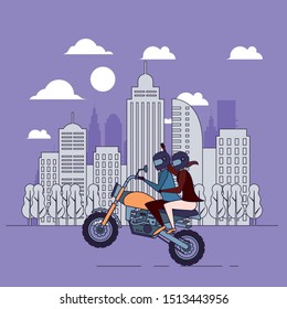 City background, couple adventure motorbike