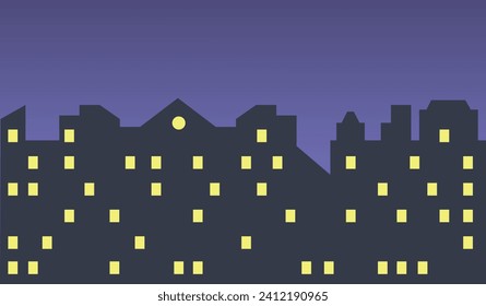 Antecedentes de la ciudad por la noche. Diseño panorámico del paisaje de la ciudad para el fondo. Dibujo vectorial de los edificios de la ciudad.   EPS 10.