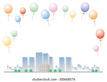 city background of  event venue with many balloons