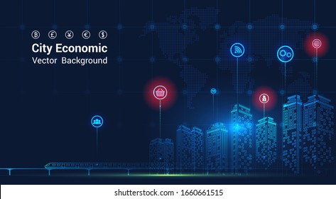 City Background Financial Graph On Night City Scape With Tall Buildings Background Double Exposure. Economic Growth Graph Chart. Vector Illustration.