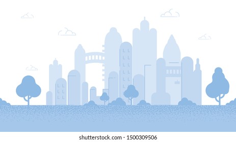 City Background Flat Cartoon Vector Illustration. Modern Town Skyline. Architectural Building in Panoramic View. High Multi-storey Glass Buildings in Different Forms. Block of Flats and Trees.