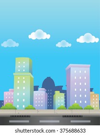 City Background - Green, Purple, Pink, Orange Buildings with Cloud and Sky Cartoon Vector