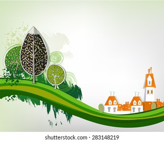 City background with green trees