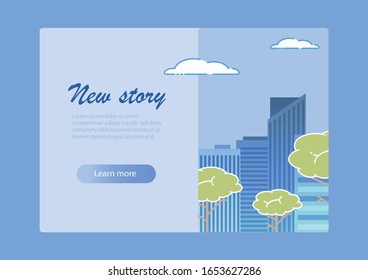Illustration zur horizontalen Vektorillustration von Stadthintergründen. Neue Website zur Geschichte der Landung. Modern Town Skyline. Architektonische Gebäude. Hochgeschichtliche Glashäuser in verschiedenen Formen. Blockflecken.