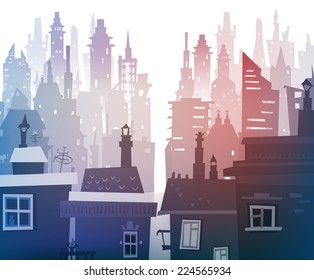 City background made of different building silhouettes