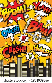 City background material with comic art style speech bubbles