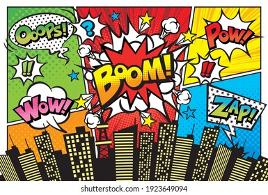 City background material with comic art style speech bubbles