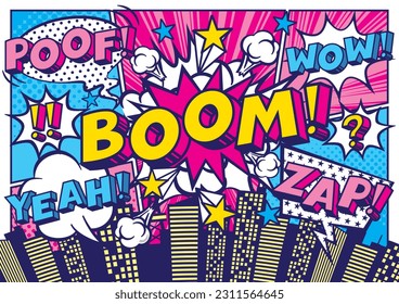 City background material with comic art style speech bubbles