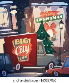 City background. Merry Christmas illustration.