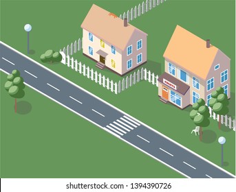 City Background - modern flat design style vector illustration on white background. Lovely housing complex with small buildings, trees, pedestrian zone, Shopping and Excensive. in isometry
