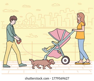 City background with river. Man walking with pets. Mother walking with baby in stroller. hand drawn style vector design illustrations. 