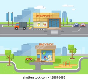 City background with shop building, street. Vector flat illustration of city streets with the children's shop, supermarket