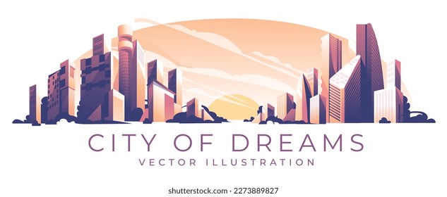 city background sunset. Large horizontal panorama with skyscrapers. Modern buildings. Vector illustration