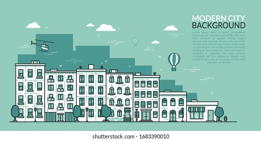 Plantilla de fondo de ciudad para su diseño. Moderno paisaje urbano con casas residenciales y tiendas, globo aerostático y helicóptero. Ilustración vectorial en color monocromo de estilo de arte en línea delgada