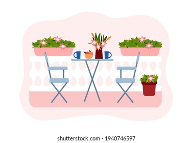 City balcony with blossoming flowers, green potted plants, furniture for resting