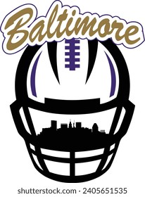 Stadt Baltimore Maryland Innenstadt Gebäude Skyline Silhouette in Gesichtsmaske Fußball Helm mit Schnürsenkel und Schriftzeichen oben. Vektorgrafik-Design.