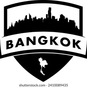 City of Bangkok Thailand black and white shield style city buildings silhouette shield graphic with knockout white outline of the state border shape under name. Vector eps design. 