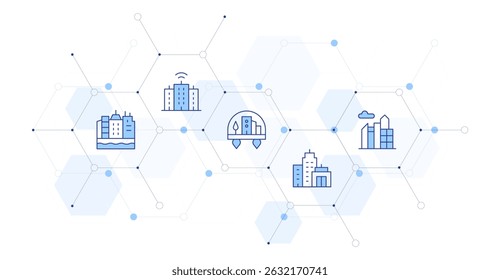 City Banner Vector Illustration with Icon Style in Between. Line Duotone icon. Containing. city, smart city, skyline.
