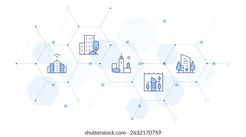 City Banner Vector Illustration with Icon Style in Between. Line Duotone icon. Containing. smart city, building, architecture and city, underwater city.