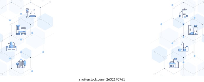 City Banner Vector Illustration with Two-sided Icon Style. Line Duotone icon. Containing. bench, architecture and city, city, green city, financial, office building.