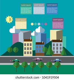City bannner illustration with colorful infographics for text