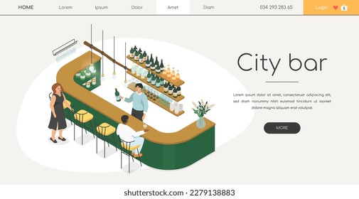 City bar - modern colorful isometric web banner with copy space for text. High quality header with a counter, bartender pouring drinks, people enjoying their time. Leisure and entertainment idea